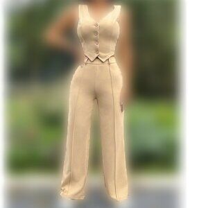 SHEIN PETITE 2 Piece Set Button Front Vest and Pants in Camel Size PM NWOT